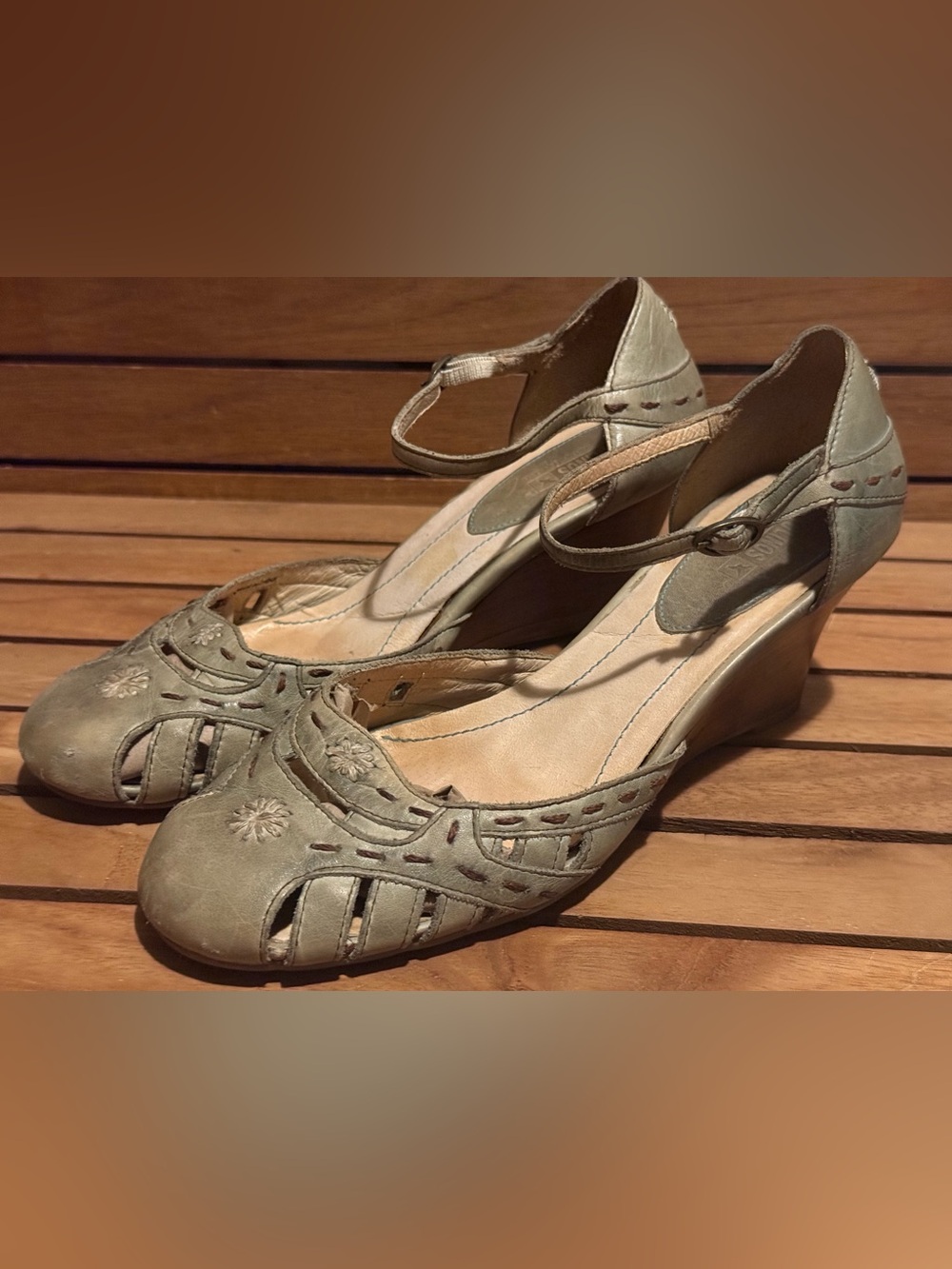 PIKOLINOS Sage Green Leather Ankle-Strap Wedge Sandals